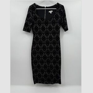 Bisou Bisou Dress Women 8 Black Gray Pencil Stretch Knee Length Short Sleeves